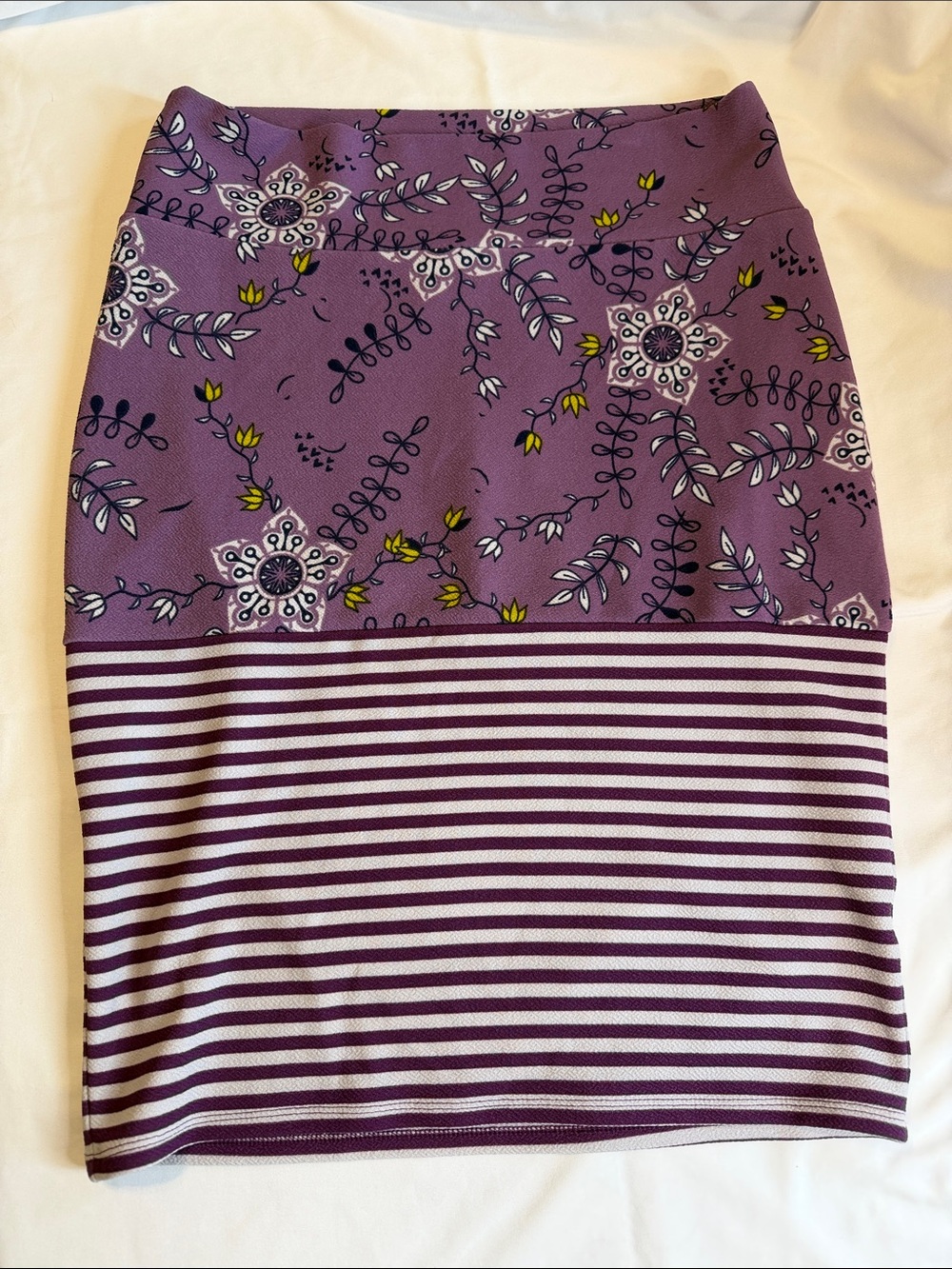 LuLaRoe Purple Floral & Striped Pencil Skirt with Yellow Accents